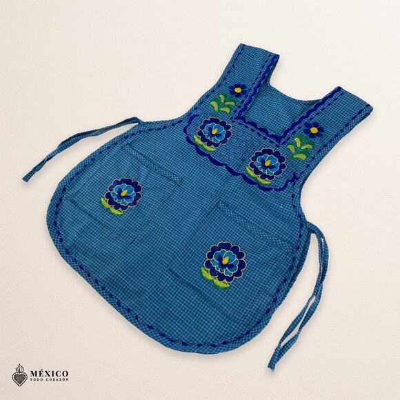 Blue Mexican Embroidered Smock Apron – Floral Traditional Design for Women - Picture 7 of 8